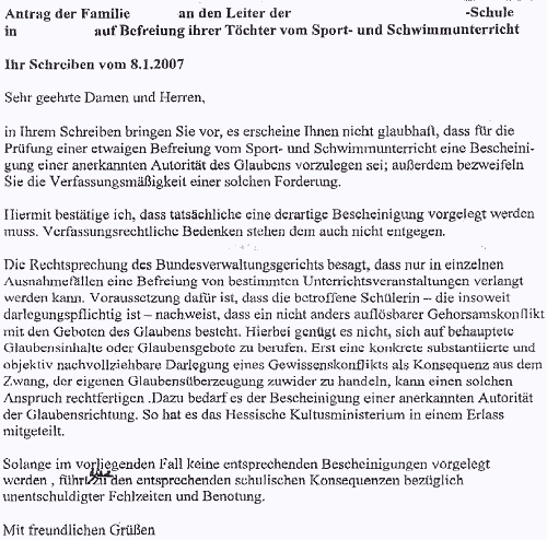 Antwortschreiben der Schule