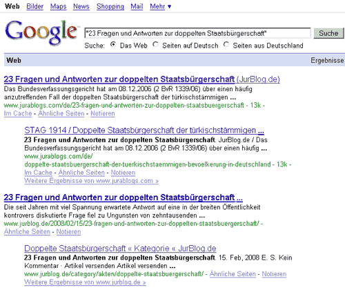 Google Suchergebnisse JurBlog.de vs. JuraBlogs.com